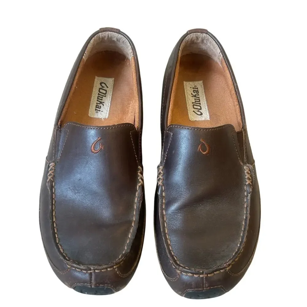 OluKai Akepa Moc Men’s 8 Brown Leather Slip On Loafers Moccasin Shoes